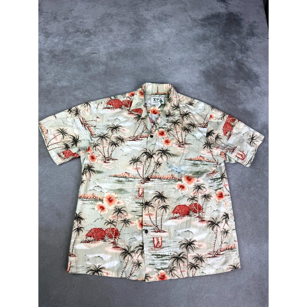 KY's Hawaiian Shirt Men XL Green Palm Tree Floral Beach Aloha Cotton Camp Collar